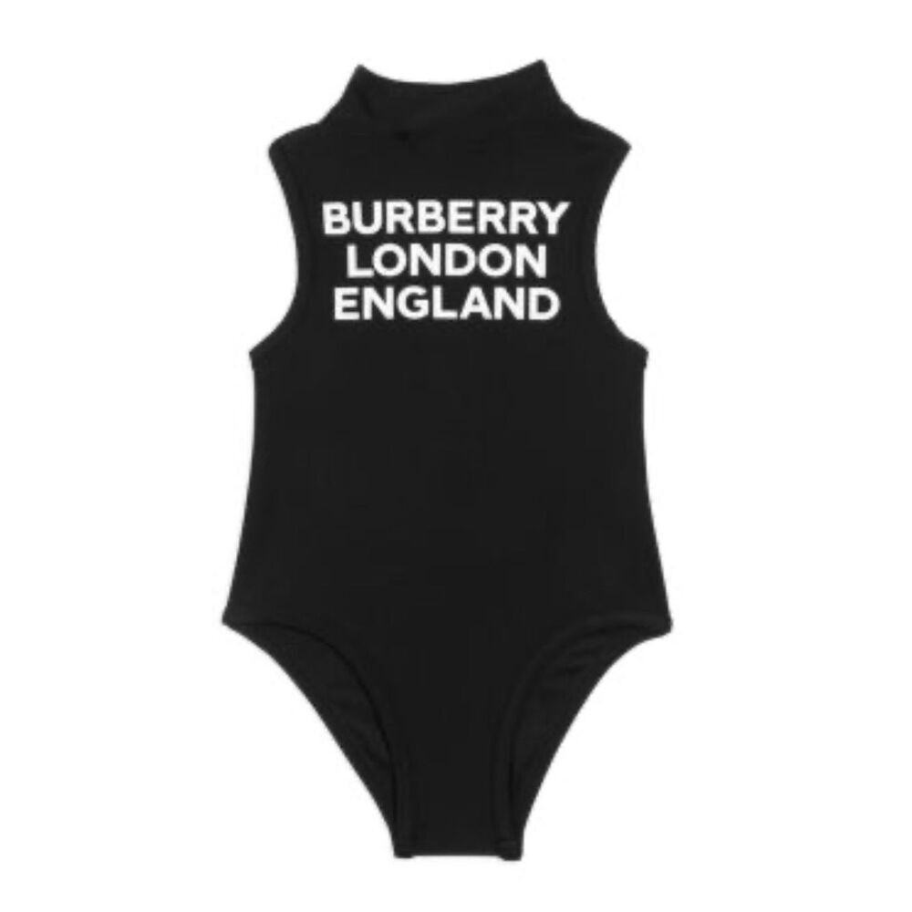 BURBERRY Girl's Iris High-Neck Logo One-Piece Swimsuit, Size 12Y Black EUC